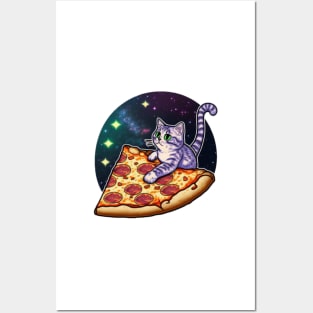 A cat riding a slice of pizza in space Posters and Art